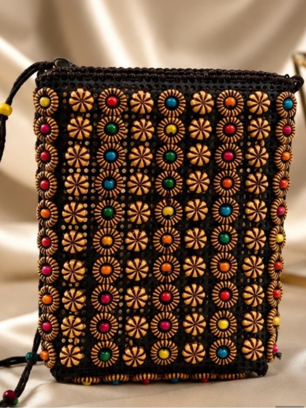 Handcrafted Black Beaded Crossbody with Multicolor Medallions